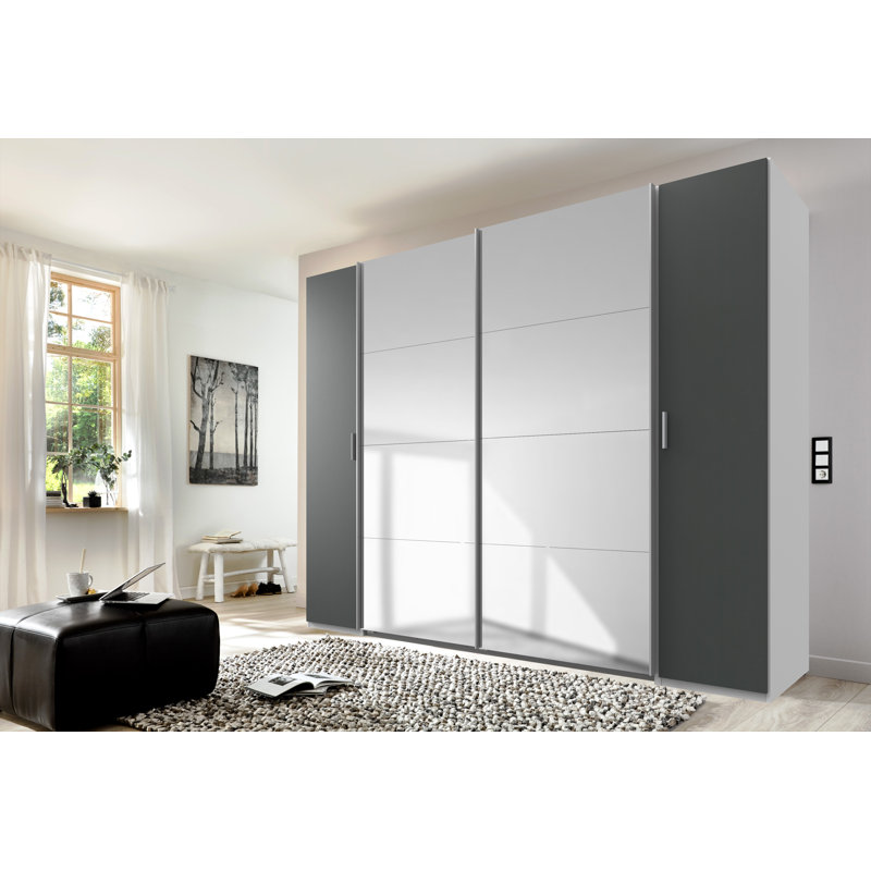 Honaz 4 Door Manufactured Wood Wardrobe, 210cm H x 270cm W x 65cm D, 4 clothes rails and 4 shelves, White/Graphite