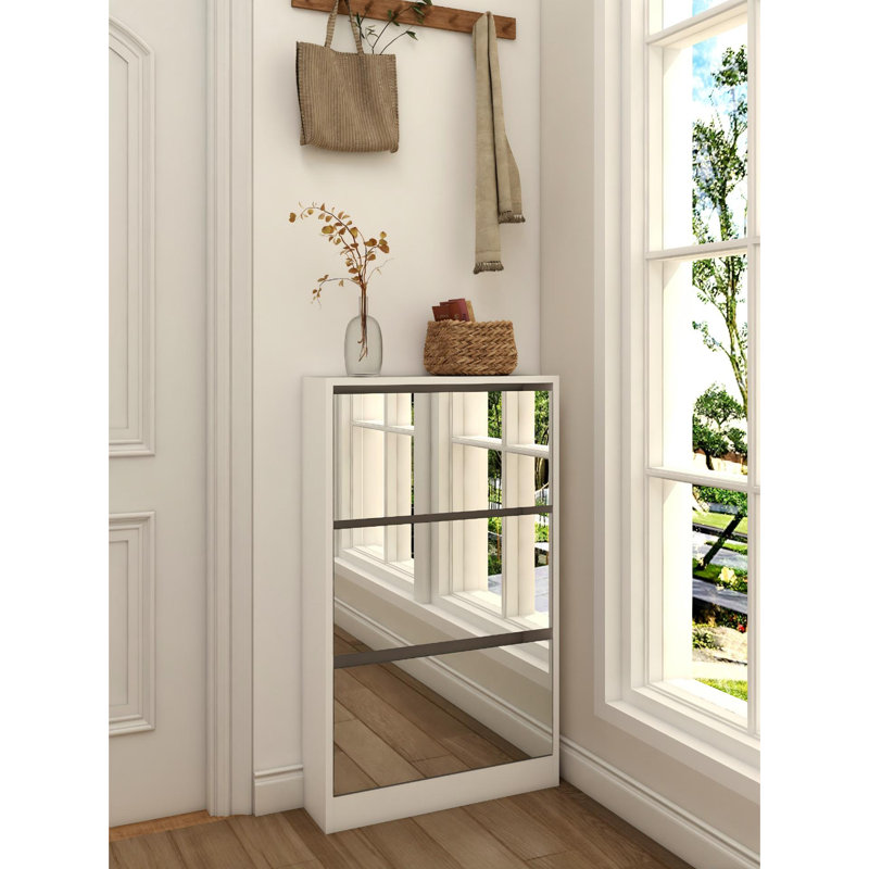 3- Tier 18 Pair Flip-Down Shoe Storage Cabinet  Organiser With Mirror Door