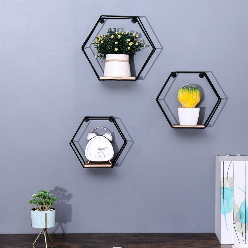 Les étagères de rangement hexagonales murales, le décor moderne en métal et en bois pour plusieurs pièces, économisent de l'espace, apportent la beauté rustique de 3 bureaux de cuisine flottants noirs, robustes avec une soudure professionnelle