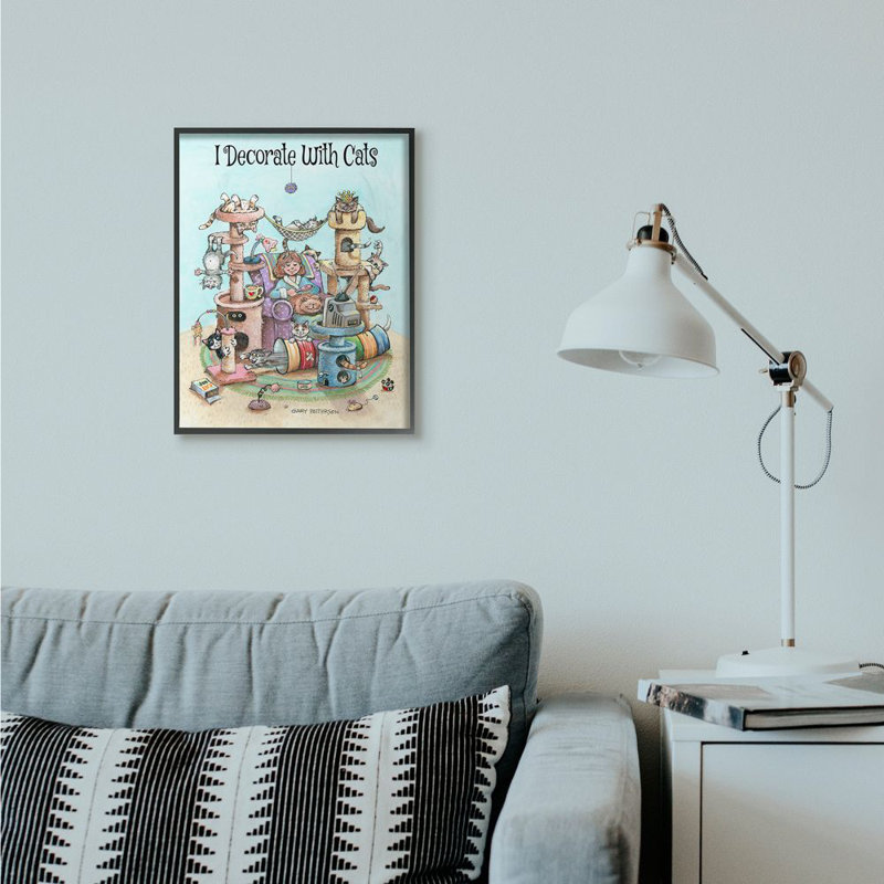 «I Decorate with Cats Funny» par Gary Patterson - impression d'art graphique, H 20 po x l 16 po, Giclée encadrée noir minuit