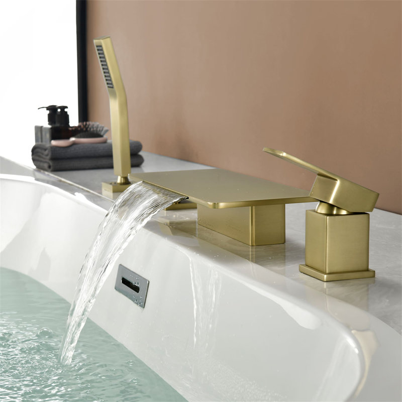 Robinet de baignoire à 4 trous à fixation sur le comptoir avec douche à main Robinet de baignoire à cascade avec robinets de baignoire à poignée simple en laiton