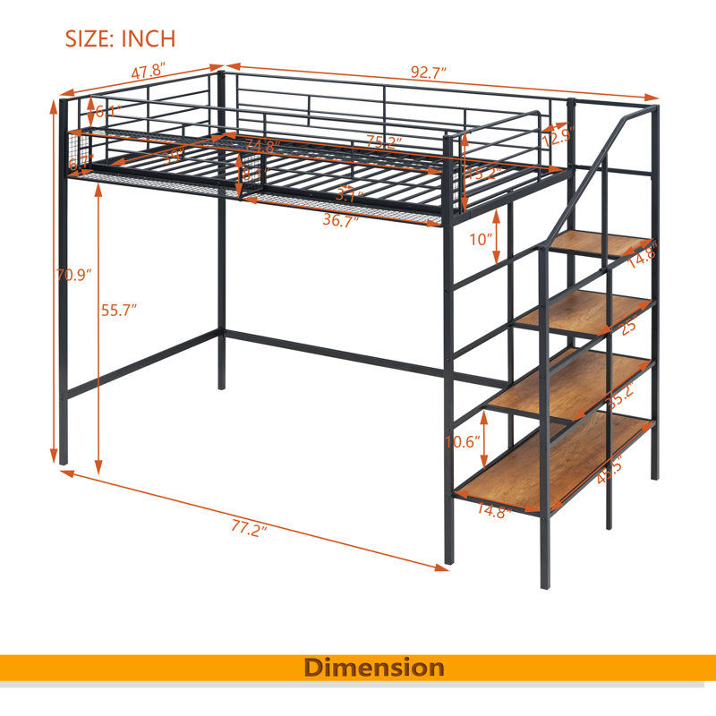 Metal Loft Bed With Upper Grid Storage Shelf And Lateral Storage Ladder, Black
