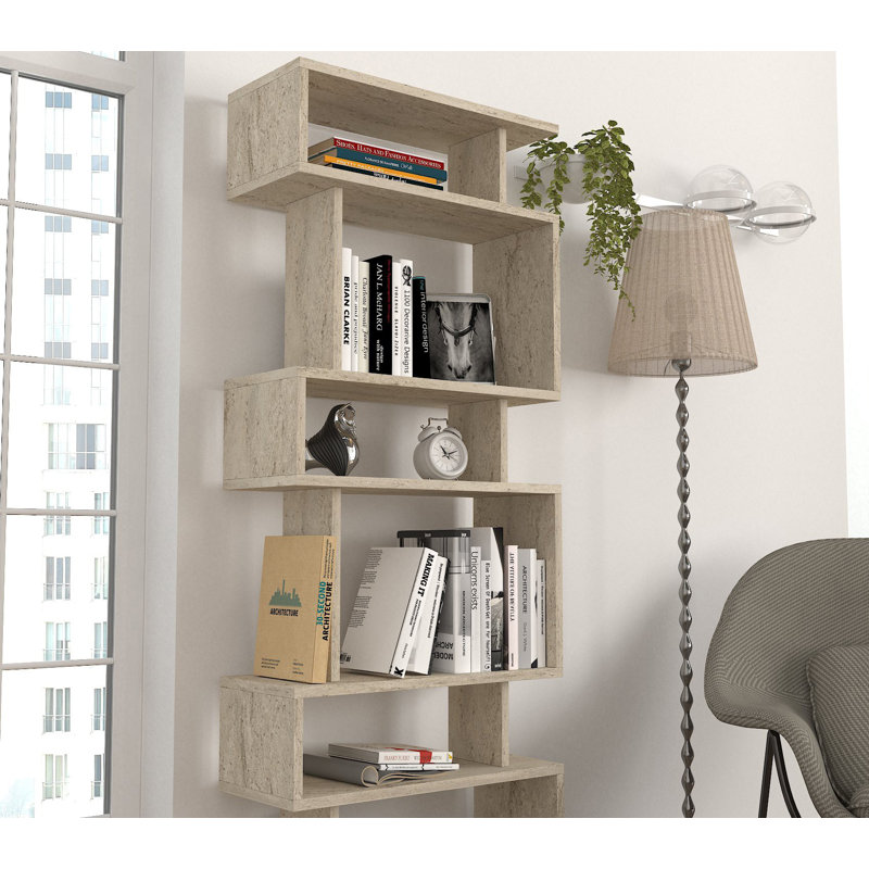 Modern Bookshelf with Numerous Shelves, Travertine Color, 23.6 x 64.9 x 7.7 inches | 100% Melamine Coated Particle Board, Thickness: 0.7 inches | Wall-Mountable, Additional Storage for Home or Office