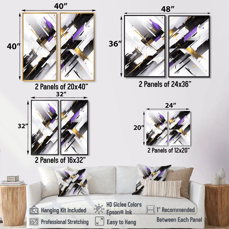 Mauve noir à rayures audacieuses - art mural moderne doré 2 panneaux, 20" H x 24" W, Impression encadrée flottante, White