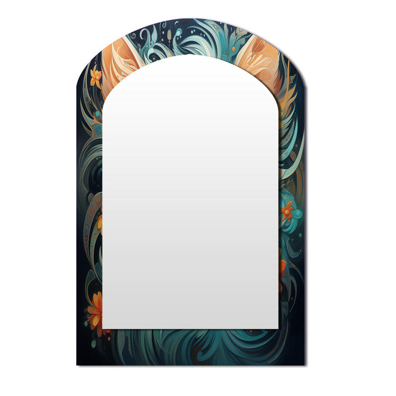Miroir mural asymétrique «Magical Amber» et sarcelle avec fleurs I - Cat, 43 po x 33 po