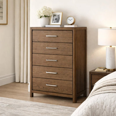 Cabal Tall Dresser Chest, 5 Drawers With Pewter Gray Handles, Light Brown