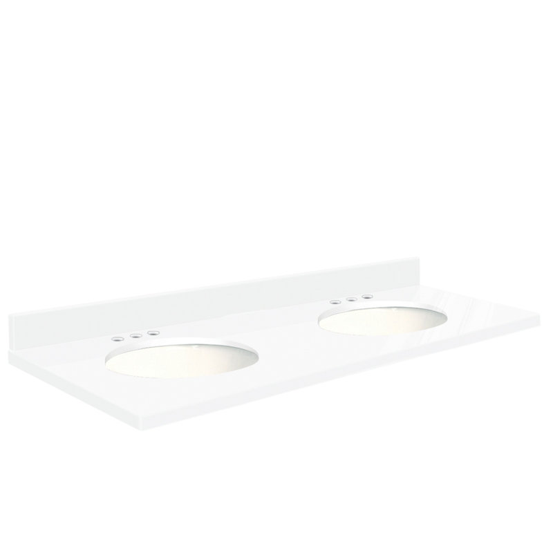 Plateau de salle de bain double 61 po meuble-lavabo, Décalé de 8 po, Blanc, Cristal Nano
