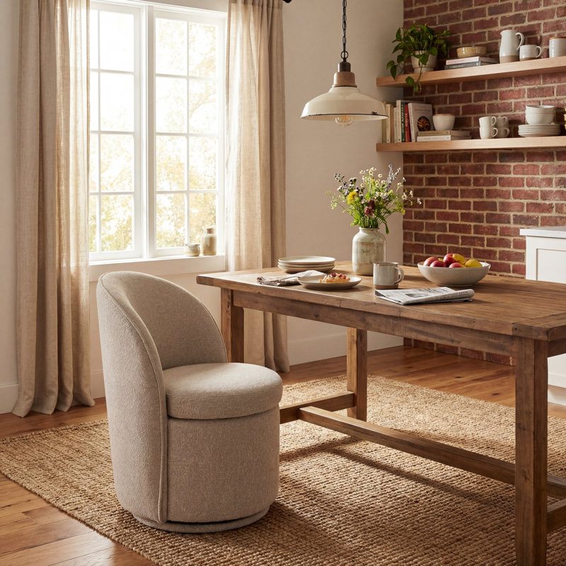 Upholstered Swivel Dining Chair, Boucle Fabric Barrel Kitchen Chair, Wingback Side Chair, Vanity Chair, Tan