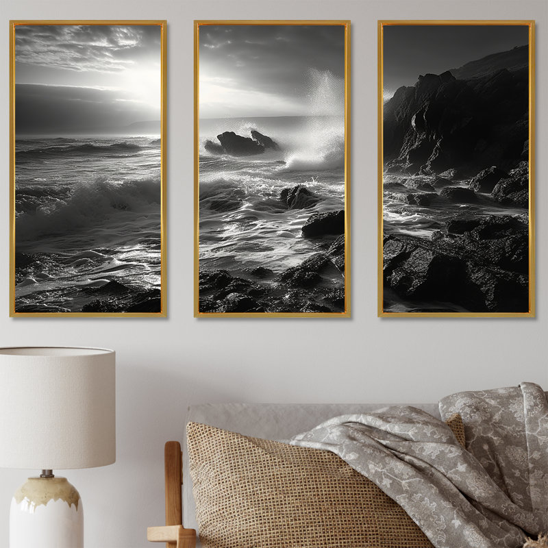 «Rocky Beach Scenery», ensemble d'art mural sur toile océan, Cadre flottant doré, H 40 po x l 60 po x P 1 po