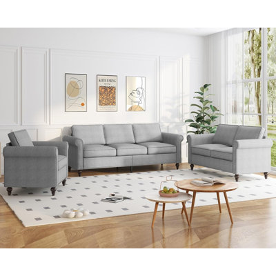 Ensemble de canapés en lin 3 + 2 + 1 avec pieds gourdes et accents de rivets