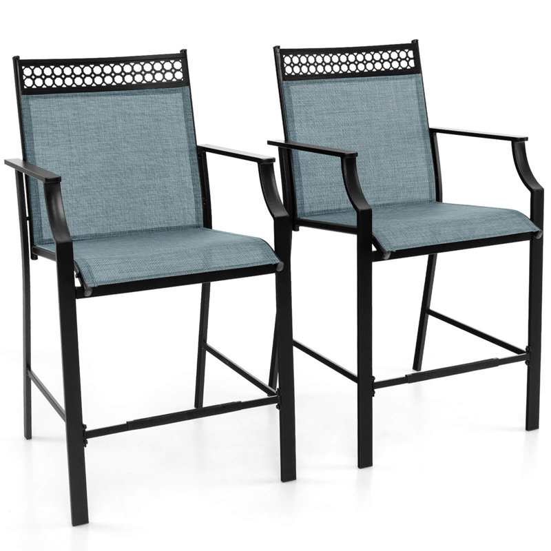 Ensemble de 2 tabourets de comptoir d'extérieur avec repose-pieds et accoudoirs Winston Porter, Bleu