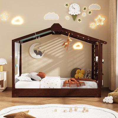 Lit simple avec tente, rideaux, tablettes de rangement latérales et lit gigogne
