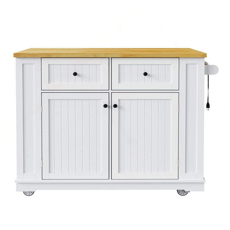 48 Inch Large Kitchen Island With Drop Leaf,Power Outlet,Internal Storage Rack,Rolling Kitchen Storage Cart On 5 Wheels With 5 Open Side Racks,For Kitchen,Dining Room