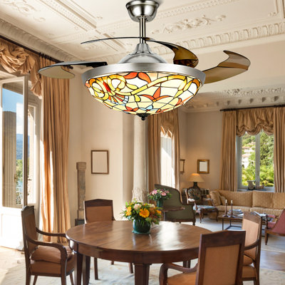 Dahlke 42" Tiffany Remote Control Invisible Ceiling Fan Light with LED Light - Professional Grade