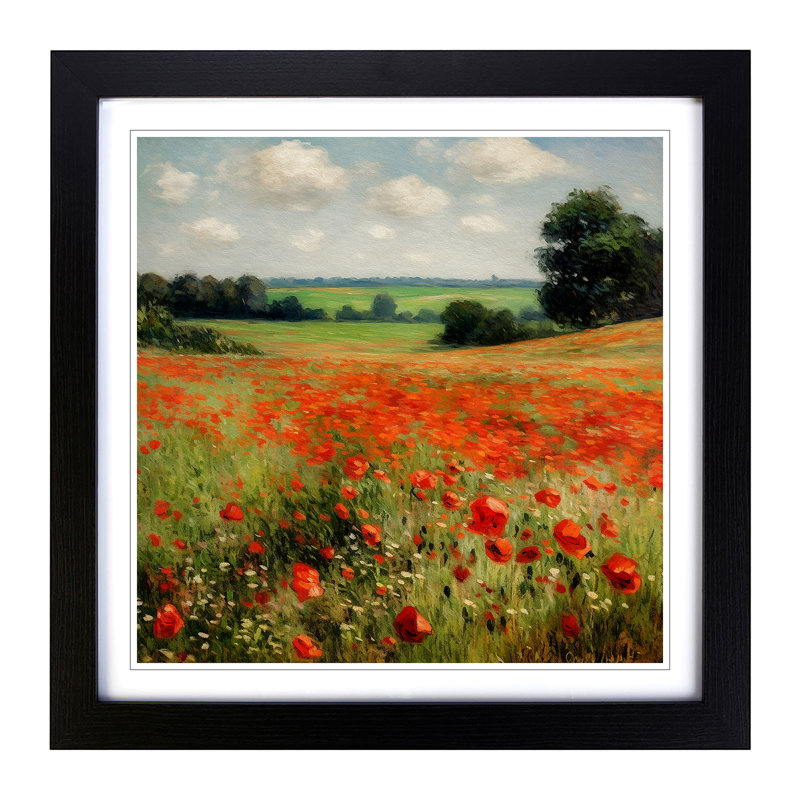 Poppy Field Impressionism No.1 - Single Picture Frame Print on Wood, Black