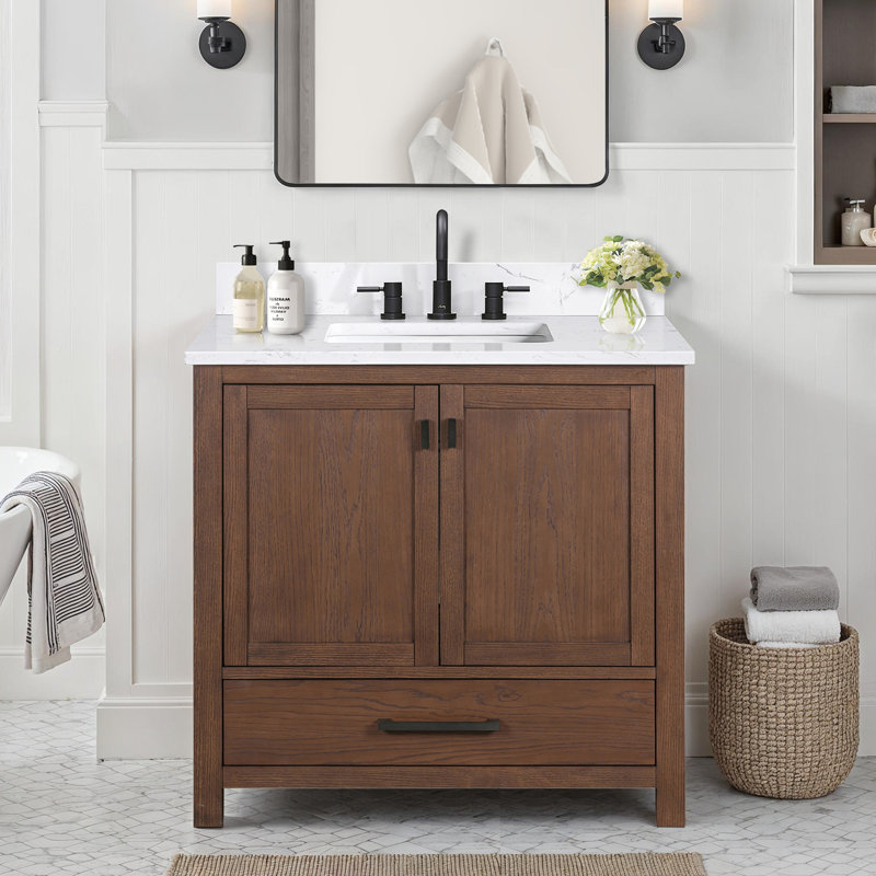 Modero 36" Single Bathroom Vanity with Top, Black, Mocha Oak, Cala White Marble
