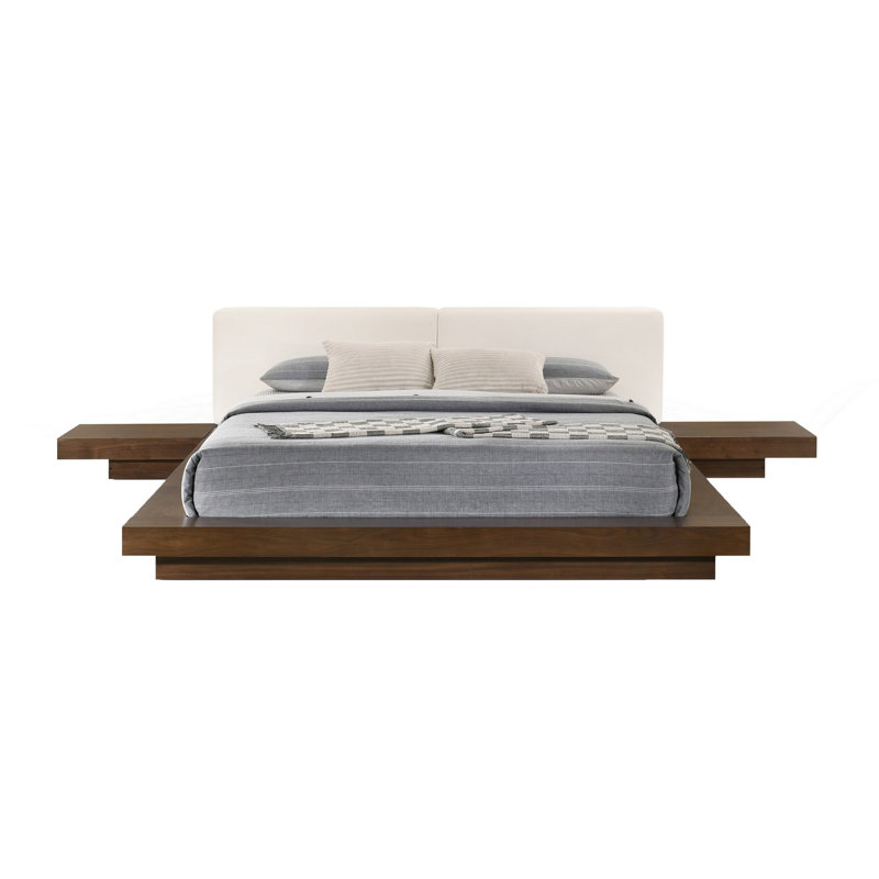 Nia Queen Size Bed, Grey Faux Leather, Walnut Brown Low Profile Platform, Brown/White