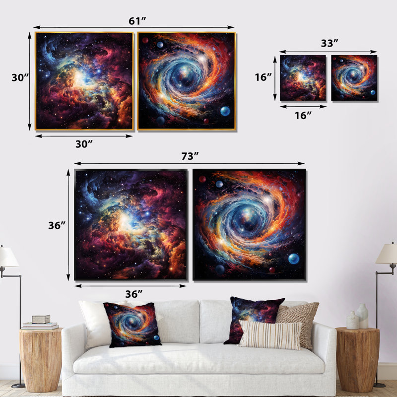 Ensemble de 2 décorations murales roses et orange Vortex IV - Galaxies, Toile tendue, H 16 po x l 33 po x P 1 po