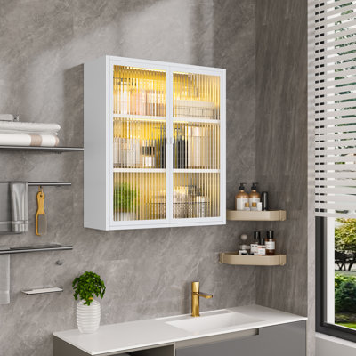 Medicine Cabinet with Fluted Glass Doors, Over Toilet Storage Cabinet with Sensor Light, Bathroom Wall Mounted Metal Organizer for Bathroom and Kitchen (White)