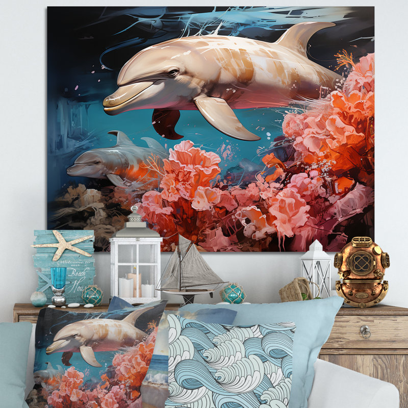 Dauphin éternel dansant sur toile, H 30 po x l 40 po x P 1,5 po, Toile tendue