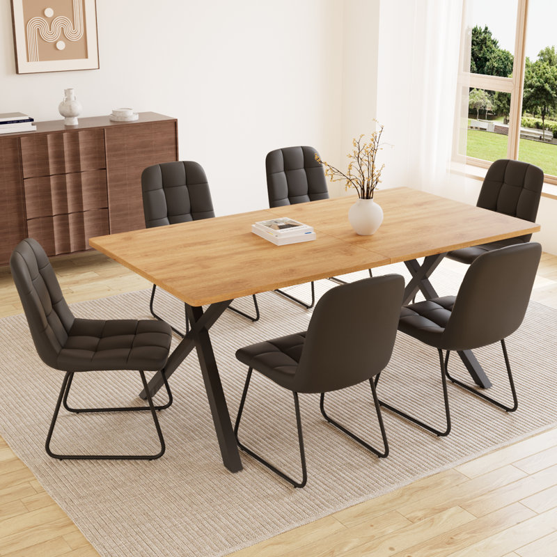 Costner 63" Modern Oak Dining Table Set For Small Spaces, 7-Piece Set With Rectangular Table & 6 Padded Leather Chairs, Compact, Sturdy & Easy To Assemble
