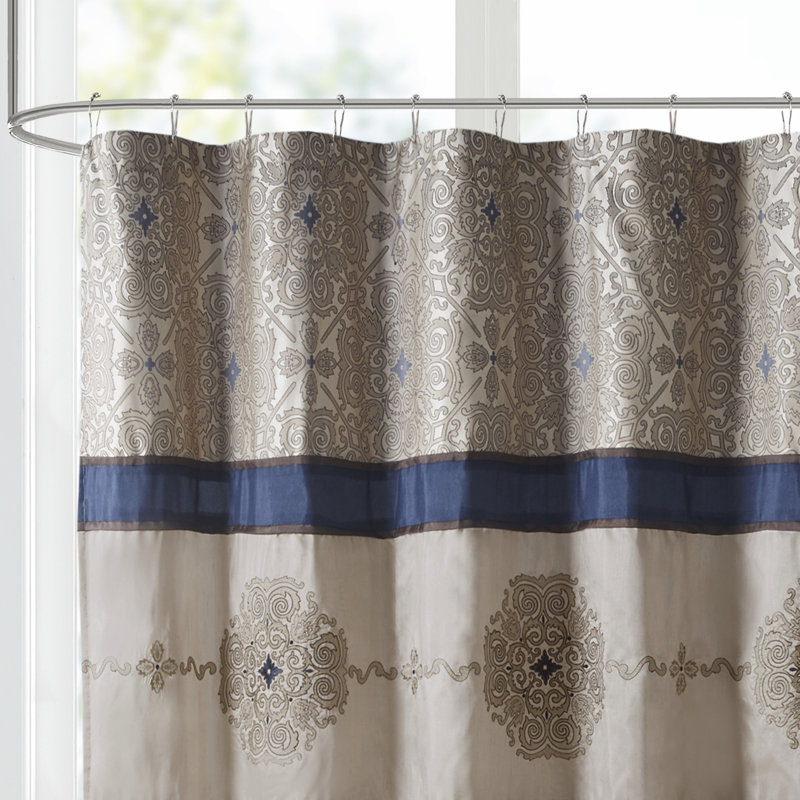 Donovan Navy Embroidered Single 72x72'' Shower Curtain, Navy Blue
