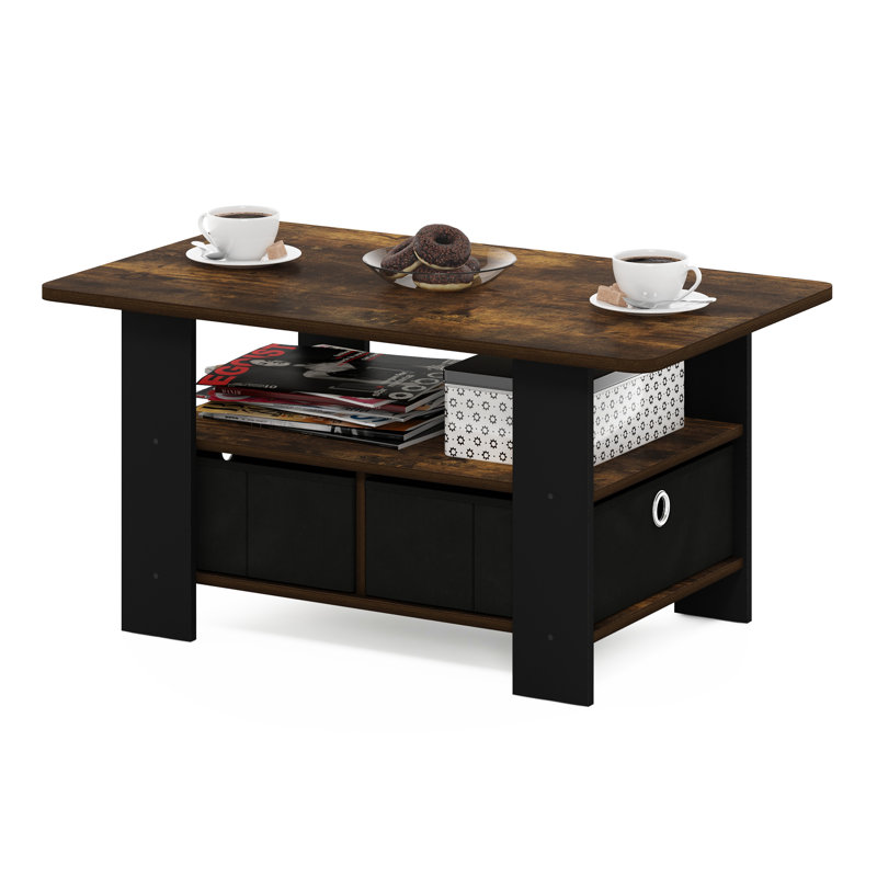 Hilburn Four Leg Coffee Table with Storage, Amber Pine/Black