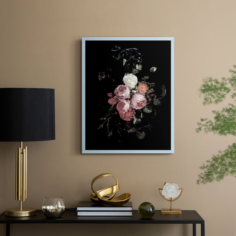 Reproduction florale rétro encadrée XCV - bois massif, H 21 po x l 17 po, Bleu