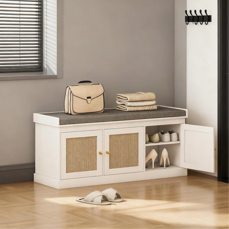 Banc de rangement pour chaussures avec portes en rotin tissé, banc de chaussures avec coussin, Grey,White