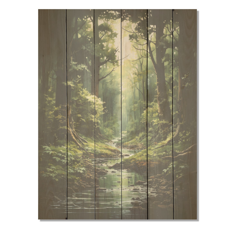 Rivière en bois enchanté I - forêt, art mural sur bois de pin naturel, H 40 po x l 30 po