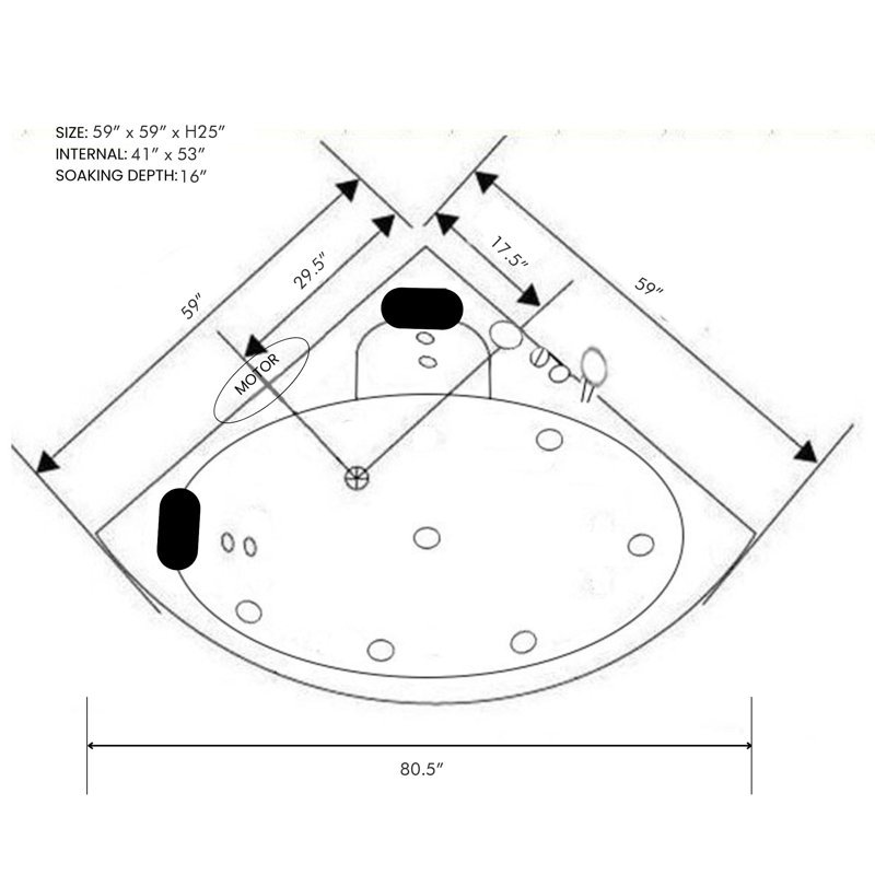 Baignoire tourbillon de coin blanche 2 places avec chauffeur et 9 jets GINEVRA 59 "x 59"