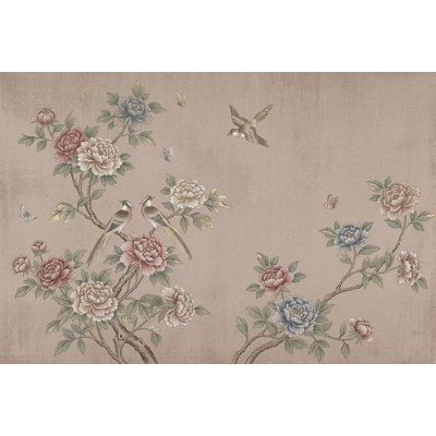 Papier peint chinois, pivoines, oiseaux
