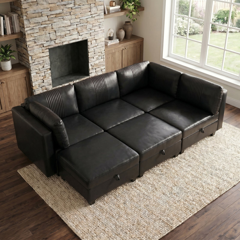 Canapé convertible rembourré avec rangement, Black Faux Leather, 35.43" H x 99.21" W x 70" D