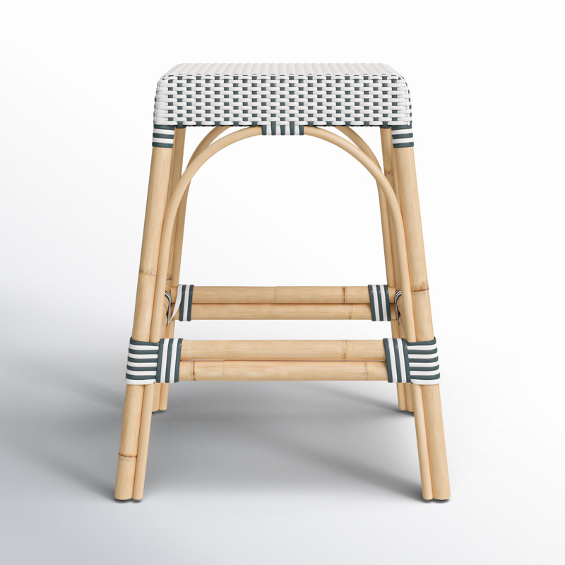Lennart Counter/Bar Stool, White/Navy Dot/ Natural Rattan Frame, Counter Stool (24.5" Seat Height)