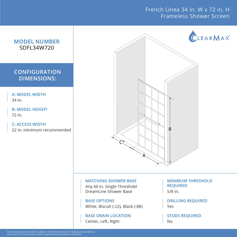 Matte Black 34" x 72" Frosted Glass Frameless Shower Screen