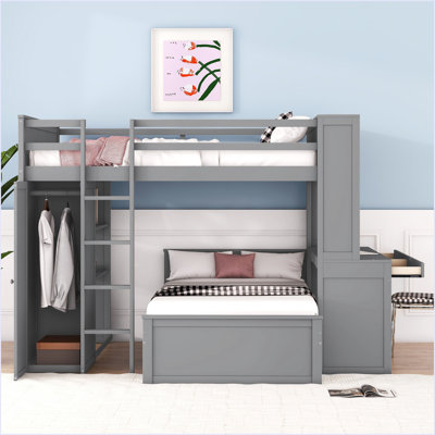 Loft Bed With A Stand-Alone Bed, Shelves,Desk,And Wardrobe