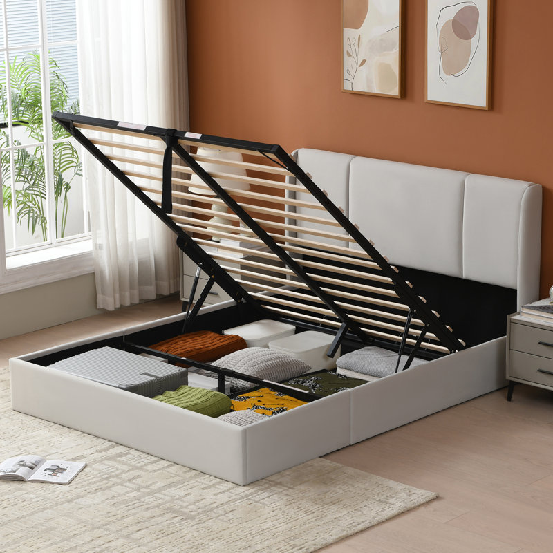 Juanetta Hydraulic Lift Up Storage Wingback Upholstered Platform Bed, Queen, Greige