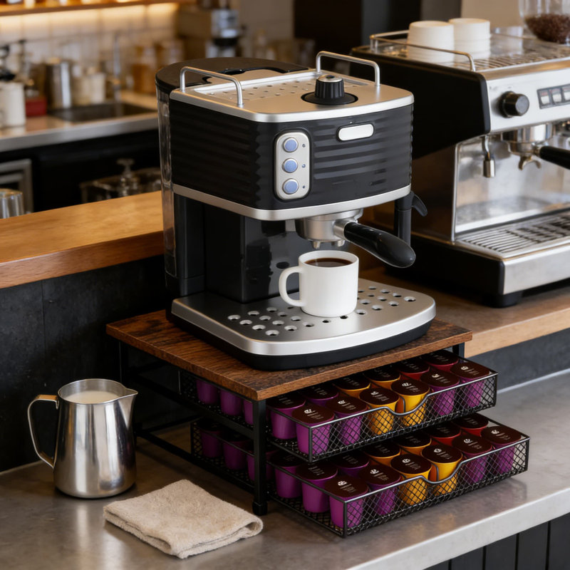 Organisateur de dosettes à café à 2 niveaux avec tiroirs coulissants - Support de rangement d'une capacité de 72 tasses avec paniers en métal et plateau en bois pour comptoir ou armoire