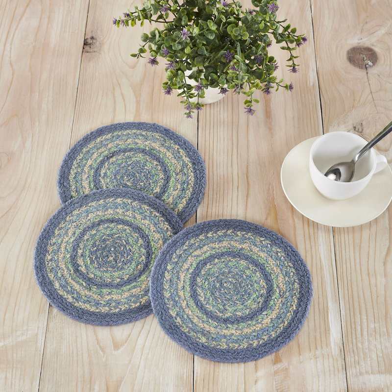 Jolie Blue and Green Jute Round Trivet Set of 3