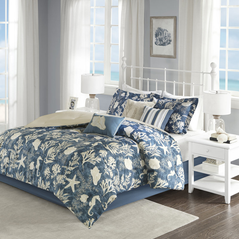 Cape Cod 7 Piece Coastal Cotton Sateen Comforter Set, King Comforter + 6 Additional Pieces