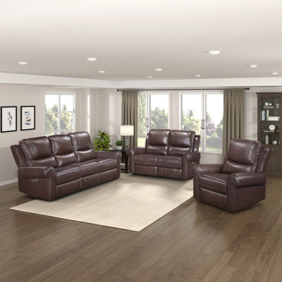 Yeles Transitional Top Grain Leather 3-Piece Power Reclining Set with Power Headrest, USB Charging Ports & Pocket Coil Seating