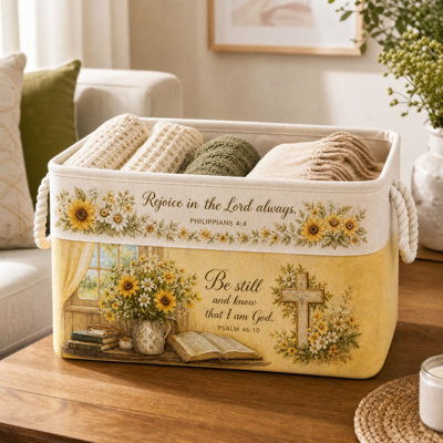 Panier de rangement transparent en tissu à motif religieux, avec poignées en corde, organisateur de rangement rectangulaire décoratif pour la maison