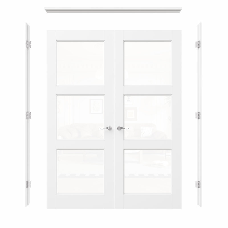 Intérieur de la porte en verre transparent 3-Lite, portes françaises en verre trempé CARB P2 MDF et SGCC, quincaillerie en nickel satiné - levier de porte d'intimité avec serrure, loquet et charnières, pré-fini et imperméable, garde-manger, chambre à coucher, salle de bain et placard, facile à bricoler, 72 po x 80 po