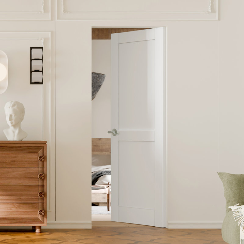 Porte intérieure à dalle - 2 panneaux de panneau de fibres à densité moyenne blanc de style Shaker avec porte à peindre avec poignée, quincaillerie non incluse