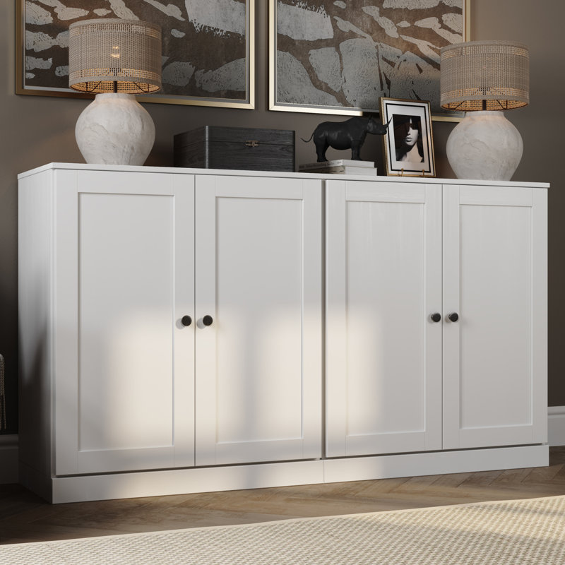 Buffet 100% bois massif 64 po avec portes Shaker, 4 tiroirs et tablettes réglables, Blanc