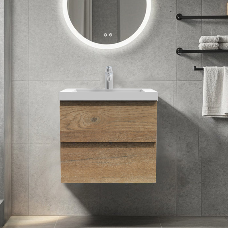 24-Inch Wall-Mounted Floating Bath Vanity In Natural Oak With Single White Solid Surface Sink Top, Natural Oak