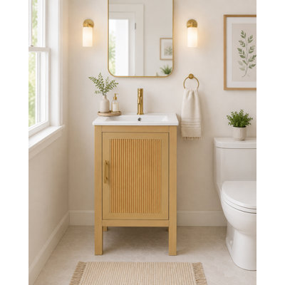 Meuble-lavabo moderne en bois cannelé avec lavabo en céramique, armoire de rangement autoportante à une porte pour petite salle de bain
