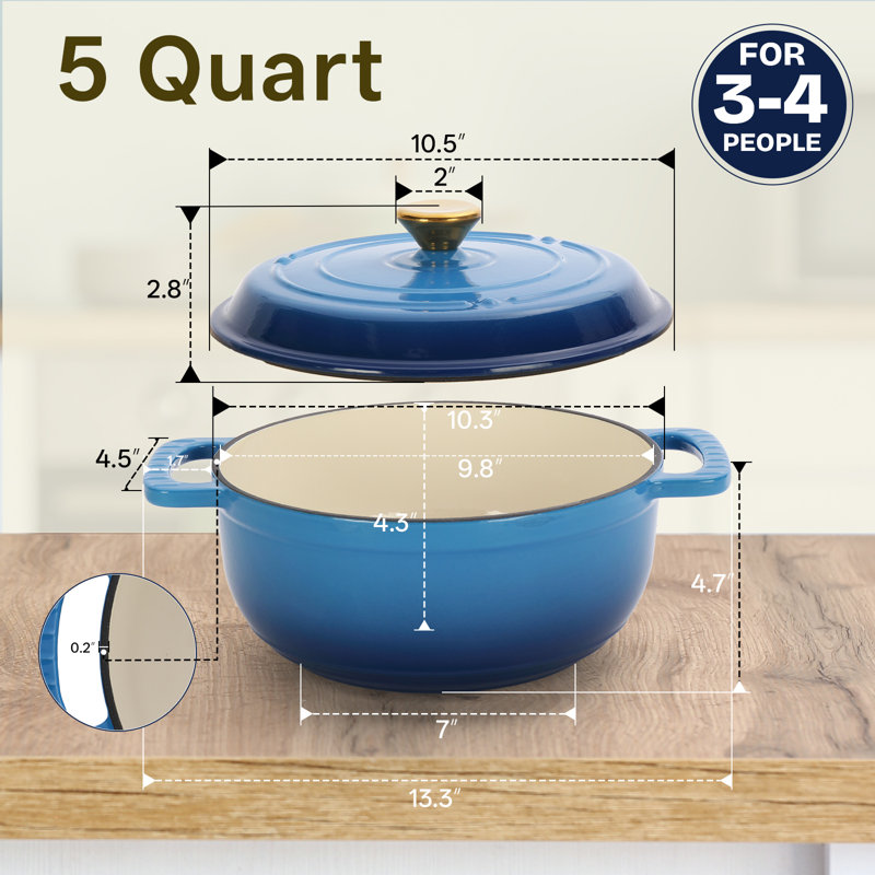 Winado Non-Stick Cast Iron Round Dutch Oven, 4.7 L, Blue