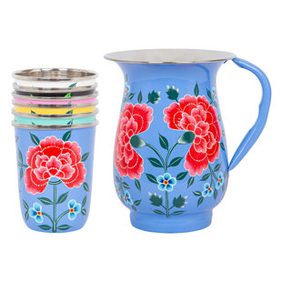 East Urban Home Hand-Painted Picnic Water Jug with 300ml Multicolour Cups - 1.7L - Mint Peony (Set of 4)