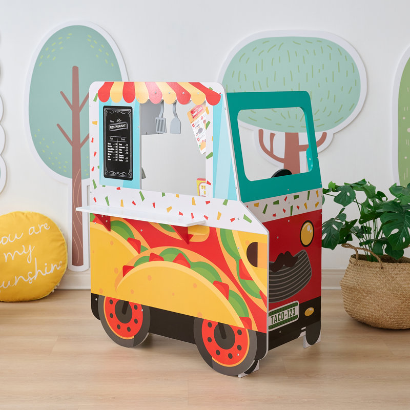 Teamson Kids Wooden Pretend Play Food Taco Truck Playset with Accessories Set & Interactive Kitchen
